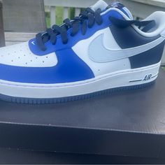 This Shoes Is New In Box And Never Been Wore. It Is Authentic And Blue In Color. Blue Leather Nike Air Force 1 For Streetwear, Blue Leather Basketball Shoes For Streetwear, Blue Custom Sneakers With Contrast Sole For Streetwear, Custom Blue Sneakers With Contrast Sole For Streetwear, Blue Custom Synthetic Sneakers For Streetwear, Blue Synthetic Custom Sneakers For Streetwear, Custom Blue Synthetic Sneakers For Streetwear, Casual Blue Nike Air Force 1 With Rubber Sole, Blue Custom Sneakers With Contrast Sole For Sports