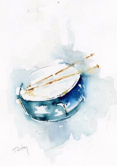 a watercolor painting of a blue and white plate