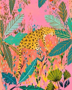 a painting of a cheetah in the jungle on a pink background with green leaves