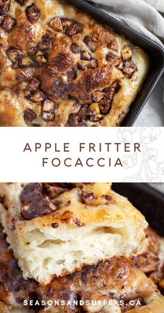 an image of apple fritter focaaccia in a baking dish with text overlay