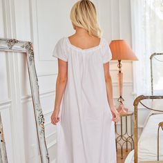 This soft 100 percent cotton poplin nightgown for women from Alexander Del Rossa is comfortable, durable, and classy. Made from a premium 100% cotton fabric, this women's vintage looking nightgown is breathable and easy on the skin. Designed with you in mind, this victorian nightgown is perfect for lounging around the house - even when guests are present. Cotton lace trim adorn the neckline and narrow lace trim the short sleeve cuffs. Front and back both gathered flowing into a long A-line gown Cotton Nightgown With Relaxed Fit For Daywear, Relaxed Fit Cotton Nightgown For Casual Wear, Feminine Cotton Nightgown For Loungewear, Classic White Cotton Sleepwear, White Cotton Nightgown Relaxed Fit, Elegant Cotton Sleepwear For Spring, Elegant Cotton Summer Sleepwear, Elegant Cotton Sleepwear For Summer, Elegant Summer Cotton Sleepwear