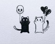 two black cats with balloons and a skull