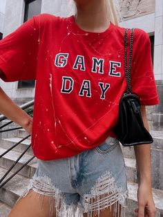 red and black gameday tee with rhinestone shorts <3 perfect for uga gameday #gamedayoutfit #gamedayootd #ugagameday #georgiagameday Uga Gameday, Rhinestone Shorts, Splatter Paint, Paint Design, Gameday Outfit, Paint Splatter, Multiple Color, Band Tees, Paint Designs