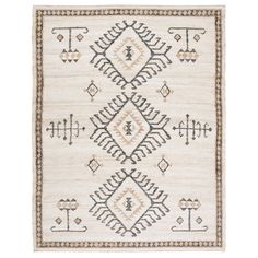 a white rug with black and tan designs on it, including an arrow design in the middle