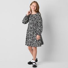 This charming Thereabouts floral A-line dress for little and big girls is perfect for everyday style or special occasions. It's made from a soft jersey cotton-blend with a square neckline, long sleeves, and a knee-length. Style it with flats and a denim jacket. Closure Type: Pullover HeadNeckline: Square NeckSleeve Length: Long SleeveDress Length: Knee LengthFiber Content: 60% Cotton, 40% Recycled PolyesterFabric Description: JerseyCare: Machine Wash, Tumble DryCountry of Origin: Imported Jcpenney Dresses, A Line Dresses, Plus Dresses, Girls Long Sleeve, Everyday Style, Dress Backs, Square Neckline, Dress Black, Everyday Fashion