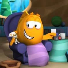 a cartoon character sitting in a chair holding a stuffed animal