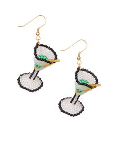 Our beaded take on the histories most glamorous and iconic cocktail - the Martini! Personally, we take ours extra dirty with vodka and olives but the choice is yours! Enjoy (ir)responsibly! Super light weight and dangly too. Glass beaded earrings with bronze earring hook. Height: 2" / 5.08 cm Please allow up to 3 weeks from the order date for your item to ship. Party Beaded Glass Earrings, White Glass Jewelry For Party, Summer Party Glass Jewelry, Artsy Dangle Beaded Earrings, Whimsical Beaded Party Earrings, Novelty Beaded Earrings For Gift, Beaded Martini Earrings, Vodka Earrings, Tulip Lamp