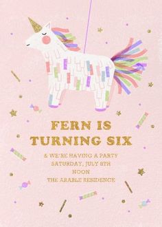 a pink and gold unicorn birthday party card with confetti on the top, stars in the background