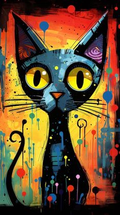 a painting of a black cat with yellow eyes