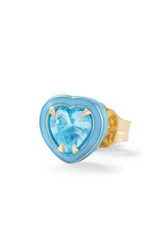 Add a pop of color to your ear with our signature 14K Yellow Gold Heart-Shaped Cocktail Stud featuring colored enamel and lab-created gemstones. Due to the custom nature of this product, please allow 20 business days for production. These are final sale. Please note, this is sold as a single, complete earring. Stone & setting: 6mm, 14K Yellow Gold, Made in New York City Heart Cut Blue Topaz Birthstone Jewelry, Heart-shaped Blue Topaz Birthstone Jewelry, Blue Heart Cut Birthstone Jewelry, Blue Heart-cut Heart Earrings For Anniversary, Blue Heart Cut Earrings For Anniversary, Heart Cut Enamel Jewelry For Gifts, Blue Heart Shaped Fine Jewelry, Blue Heart Fine Jewelry, Blue Double Heart Jewelry For Anniversary