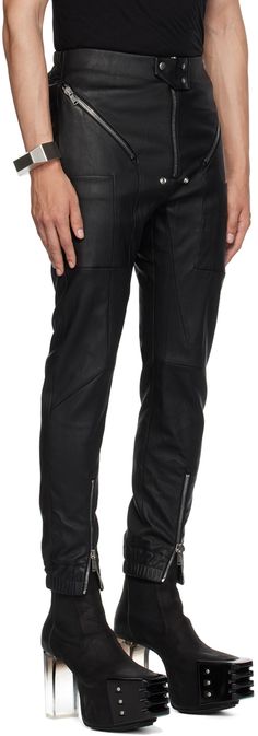 Slim-fit stretch grained lambskin-blend pants. · Paneled construction · Press-stud tab at partially elasticized waistband · Four-pocket styling · Exposed zip-fly · Zip vent at elasticized cuffs · Full cupro satin lining Supplier color: Black Leather Tapered Leg Pants With Pockets, Leather Workwear Pants With Zipper Closure, Leather Work Pants With Zipper Closure, Leather Pants With Zip Fly For Fall Workwear, Leather Pants With Zipper Closure For Work, Fall Workwear Leather Pants With Zip Fly, Edgy Leather Pants With Zipper For Work, Edgy Leather Pants For Work With Zipper Closure, Fall Leather Pants With Zip Fly For Work