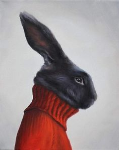 a painting of a rabbit wearing a red sweater