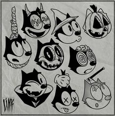 cartoon faces drawn in black and white on paper