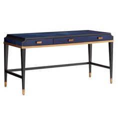 a blue desk with two drawers and gold trimmings on the top, against a white background