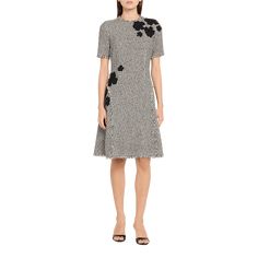 Rickie Freeman for Teri Jon tweed midi dress with fringe trim and beaded floral appliqué Approx. 40"L from shoulders to hem Jewel neckline Short sleeves Hem hits around the knee A-line silhouette Invisible back zipper Polyester Lining: Polyester Dry clean Imported