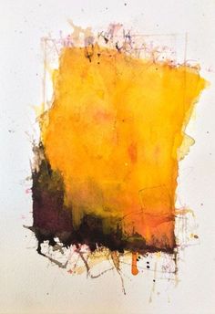 an abstract painting with yellow and brown colors on white paper, in the shape of a rectangle