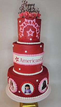 a three tiered birthday cake with pictures on the side and stars around the top