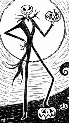 a black and white drawing of a cartoon character holding jack - o'- lanterns