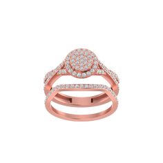 Stunning Entwined Elegance twin engagement ring boasts 14k gold and 96 diamond pcs, with a total diamond weight of 0.69. Its unique design showcases twin round cuts for a truly elegant and timeless piece. Make a statement with this gorgeous ring. Rose Gold Diamond Ring With Center Stone, Rose Gold Diamond Ring With Pave Setting, Rose Gold Ring With Diamond Accents, Round Shape, Rose Gold Round Ring With Diamond Accents, Rose Gold Ring With Diamond Accents Round Cut, Dazzling Rose Gold Diamond Ring With Halo Design, Rose Gold Ring With Diamond Accents, Dazzling Rose Gold Diamond Halo Ring, Dazzling Rose Gold Round Cut Diamond Ring