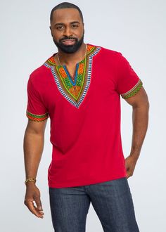 Style #M2001M Stand out this season, and celebrate your culture with a men's dashiki t-shirt. Our men's dashiki t-shirts are made with comfortable and quality fabric, making this shirt guaranteed to be your new favorite. Rock a dashiki and stay comfortable and casual with our dashiki t-shirts. Shop our other dashiki t-shirt colors including black dashiki t-shirts, white dashiki t-shirts and more! Order one today! Description: Comfortable and soft cotton dashiki t-shirt 100% African wax print app Casual Red Shirt For Festivals, Traditional Red Short Sleeve Shirt, Traditional Red Top With Short Sleeves, Traditional Red Short Sleeve Top, White Shirt For Men, The Woman King, Woman King, Dashiki For Men, African Dashiki