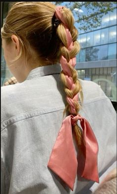 Slick Back Ribbon Hairstyle, Pink Ribbon Braids, Ponytail Braid With Ribbon, Ribbon With Braids, Ribbon In Ponytail, Braiding Ribbon Into Hair, Ribbon In Hair Braid, Ribbon In Braids, How To Braid Ribbon Into Hair