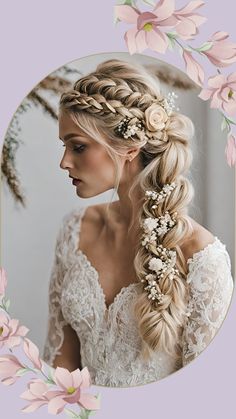 a woman with long blonde hair wearing a flowered braid and flowers in her hair