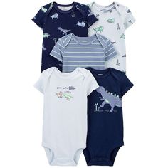 Your little one will look adorable in these Carter's 5-pack dinosaur short sleeve bodysuits. Your little one will look adorable in these Carter's 5-pack dinosaur short sleeve bodysuits. FEATURES 5-Pack Dinosaur Short-Sleeve Bodysuits Short sleeves Snap closure Overlap shoulders for easy over the head. Strong snaps keep up with wear, wash, repeat.FABRIC & CARE Cotton Machine wash ImportedRESPONSIBLE Tested for harmful substances STANDARD 100 by OEKO-TEX® CERTIFIED Certification no. 20.HUS.39362 Testing Institute: Hohenstein Textile Testing Institute www.oeko-tex.com/standard100 Size: Newborn. Color: Blue Stripe Dino. Gender: male. Age Group: kids. Carters Size Chart, Colorful Jumpsuit, Carters Baby Boys, Carters Baby, One Piece Outfit, Short Sleeve Bodysuit, Keep Up, Boy's Clothing, Blue Stripes