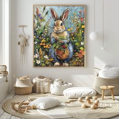 a painting of a rabbit holding a potted plant in the middle of a room