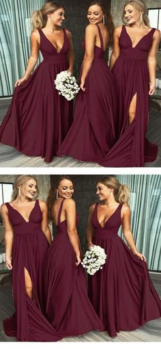 the bridesmaid is posing for pictures in their long dresses with thigh high slits