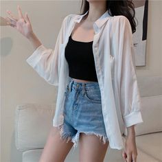 Long Sleeve White Transparent Sexy Shirt – Tomscloth Solid Color Sheer Long Sleeve Tops, Sheer Button-up Summer Top, Casual Long Sleeve Sheer Shirt, Sheer Long Sleeve Summer Shirt, Sheer Long Sleeve Shirt For Summer, Summer Casuals, Long White Shirt, Ideas Photoshoot, Couple Ideas