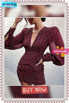 Dress for Women Y2k Sexy Long Sleeve Floral Print Lantern Sleeve Shirred Dress Chic Casual Fashion Elegant V Neck Dress Floral Print Bodycon Dress For Club, Bodycon Floral Print Dress For Club, Red V-neck Mini Dress For Party Season, Floral Print V-neck Bodycon Dress For Parties, Red Fitted Floral Print Mini Dress, Red Fitted Mini Dress With Floral Print, V-neck Floral Print Bodycon Dress For Party, Fitted Floral Print Club Dress, Party Floral Print V-neck Bodycon Dress