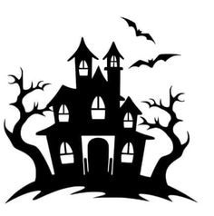 a black and white silhouette of a house with bats