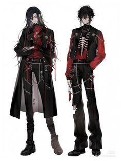 two anime characters dressed in black and red outfits, one is holding his hands on his hips