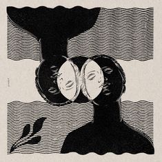 two women are facing each other in black and white, with wavy lines on the background