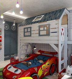 a child's bedroom with a red car themed bed and lofted bunk beds