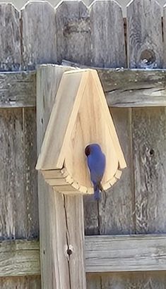 a blue bird sitting on top of a wooden bird house hanging from a fence post