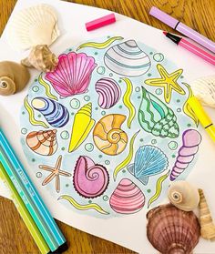 this is an image of a coloring page with sea animals and seashells on it