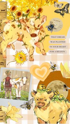 a collage of pictures with animals, bees and flowers on it's side