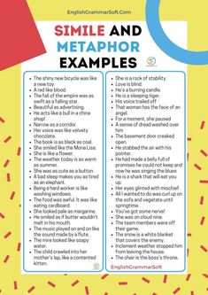 a printable poster with the words smile and metaphor examples on it's side