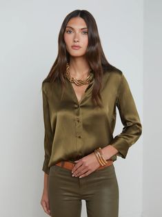 L'AGENCE - Dani 3/4 Sleeve Silk Blouse in Pine Velvet Jeans, Athleisure Dress, Silk Charmeuse, Warm Autumn, Feminine Look, Blazer Dress, Fall Wardrobe, Blouse Top, Three Quarter Sleeves