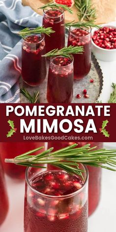 homemade pomegranate mimosa in jars with rosemary garnishes