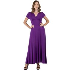 A formal look has never been so comfortable. With its regal full-length skirt this womens maxi dress makes for an elegant formal or casual look. Featuring a v-neck line and v cut on the back, cap sleeves, flared a line skirt, defined empire waist, and is made from a soft and comfortable stretch material in four beautiful year round colors and it is machine washable for easy care. The perfect dress to keep in your closet for any special occasions or just an eye-catching date night look. Made in t Solid Color A-line V-neck Evening Dress, Chic Purple Maxi Dress, Elegant Purple Floor-length Maxi Dress, Elegant Solid Color Empire Waist Maxi Dress, Elegant Solid Empire Waist Maxi Dress, V-neck Maxi Length Dress, Elegant Short Sleeve V-neck Dress, Formal Solid V-neck Dress With Surplice Neckline, Spring Formal V-neck Dress