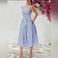 S,M,L,Xl Casual One Shoulder Midi Dress For Day Out, Blue And White Dress, Dresses One Shoulder, Day Dress, Dress First, Day Dresses, 4th Of July, One Shoulder, Shoulder Strap