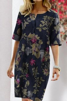 Casual Crew Neck Half Sleeve Floral Midi Dress Half Sleeve Floral, Print Chiffon Dress, Cotton Linen Dresses, Half Sleeve Dresses, Midi Dress Casual, Long Sleeve Short Dress, Maxi Dress Cotton, Long Summer Dresses, Casual Tops For Women