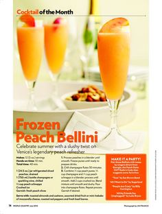 an advertisement for frozen peach bellini with two glasses filled with orange juice and nuts