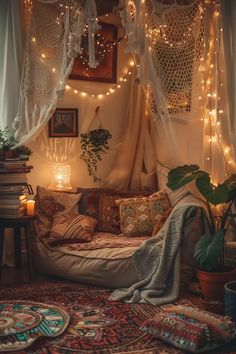 a bed with lights hanging from the ceiling