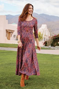 Artistic roses electrify your must-have maxi-dress for an instant chic look. Princess seams give it great shape. 3/4-length sleeves, scoop neck, back zip. | Fabric Care: 72% Rayon, 21% Nylon, 7% Spandex . Machine Wash Cold Gentle Cycle, Only Non-Chlorine Bleach , When Needed, Lay Flat To Dry, Warm Iron If Needed, May Be Dry Cleaned Bohemian Casual Dress, Soft Surroundings Dresses, Cotton Blends Dress, Gauze Dress, Cotton Clothing, Princess Seams, Cotton Maxi, Maxi Dress Cotton, Dress Cotton