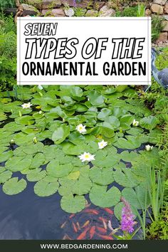 there is a sign on the water that says, seven types of the ornamental garden