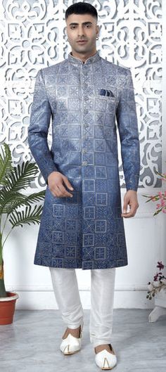 Blue color Sherwani in Art Silk fabric with Embroidered, Sequence, Thread work Indigo Traditional Wear For Wedding With Cutdana Details, Indigo Wedding Traditional Wear With Cutdana, Blue Chikankari Embroidery Kurta For Reception, Blue Kurta With Chikankari Embroidery For Reception, Traditional Blue Bandhgala With Chikankari Embroidery, Blue Chikankari Embroidered Kurta For Reception, Blue Bandhgala With Chikankari Embroidery For Festive Occasions, Blue Bandhgala With Resham Embroidery In Straight Kurta Style, Blue Straight Kurta For Reception