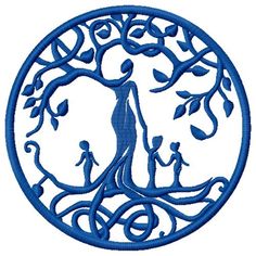 a blue circle with an image of a woman and two children holding hands in the center